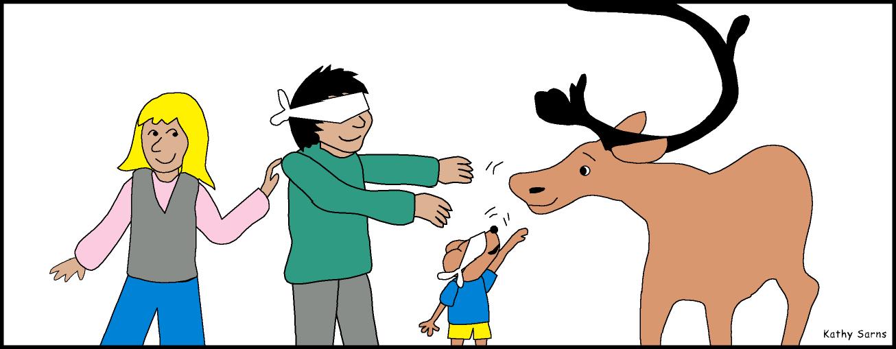 Girl helping a blindfolded boy and cartoon vole to meet a caribou