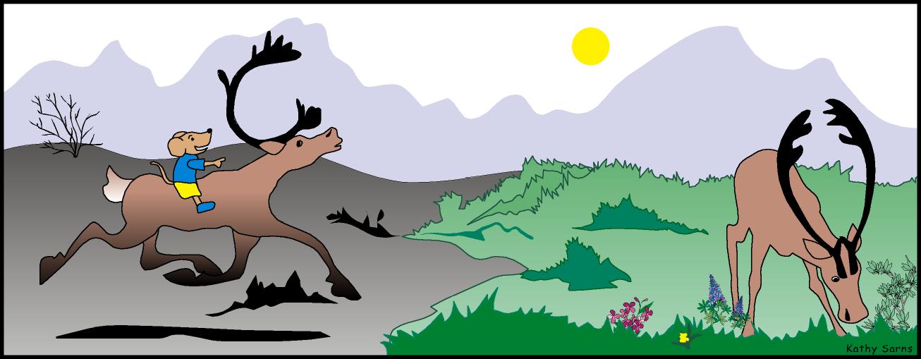 Cartoon vole riding a caribou from a burned tundra to graze in an unburned area