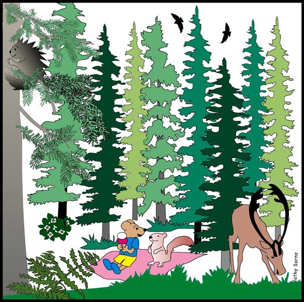 Cartoon vole, squirrel, moose having a picnic