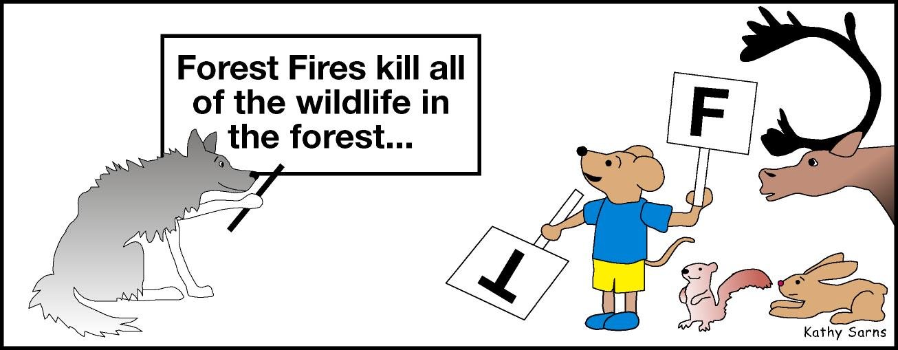 Wolf with sign saying-Forest Fires Kill All Wildlife, Vole holding up a sign for-False