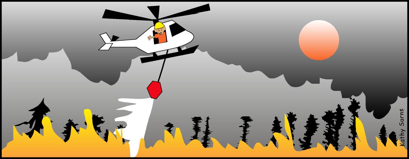 Helicopter dropping water on burning forest