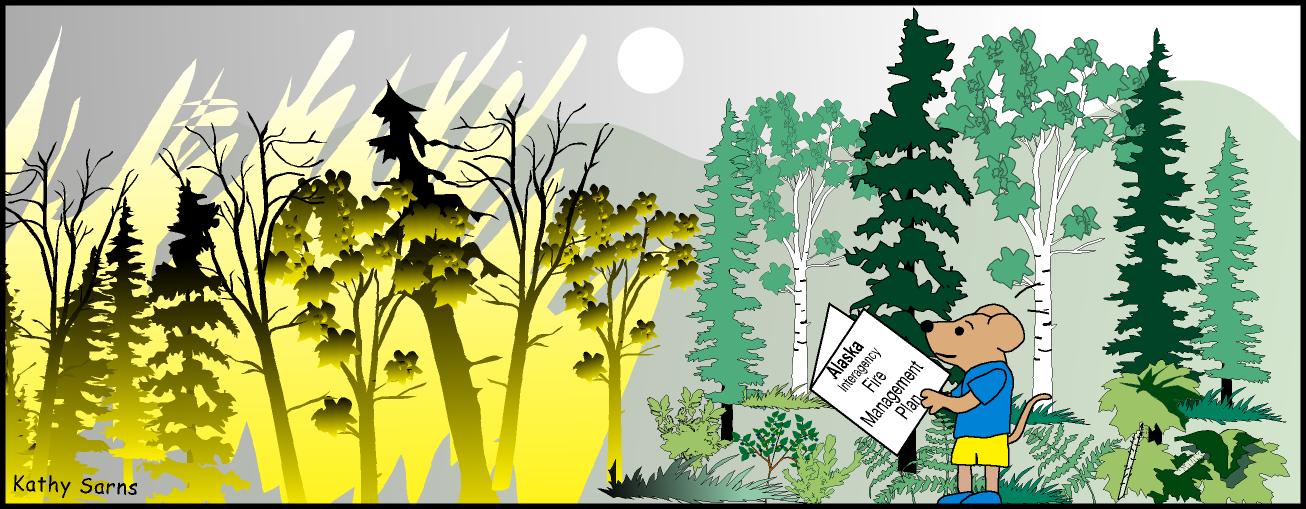 Cartoon vole looking at the Alaska Interagency Fire Management Plan and a burning forest