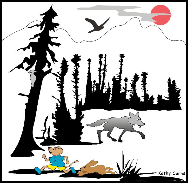 Cartoon vole, rabbit and wolf in barren recently burned area
