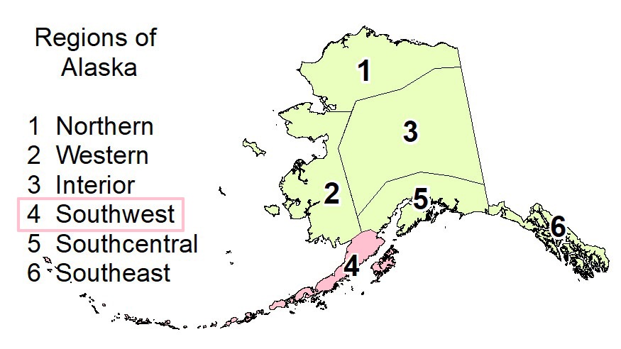 Alaska map showing Southwest Alaska
