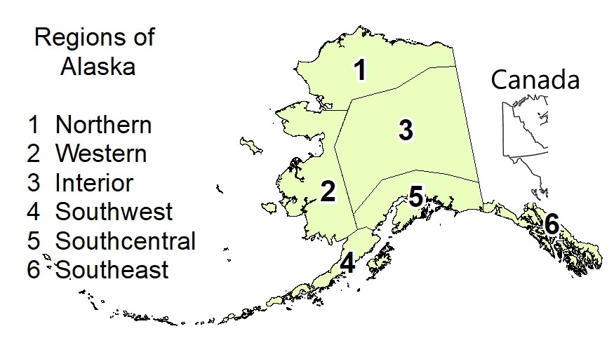 Map of Alaska showing the six major regions plus adjacent parts of Canada