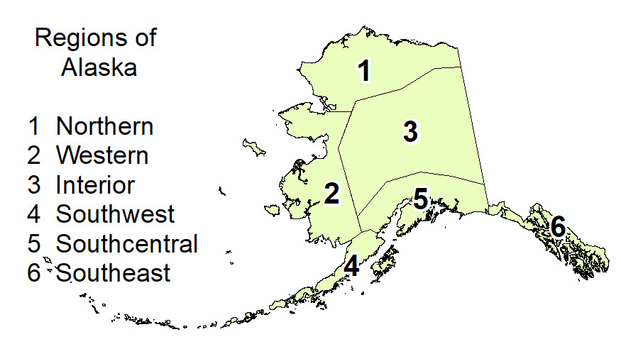 Map of Alaska showing the six major regions